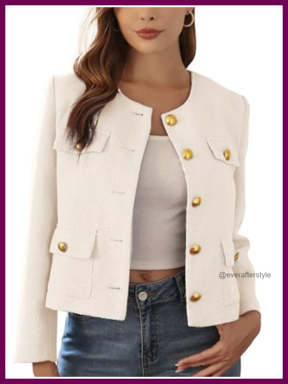 Cropped Tweed Blazer Collarless Gold-Tone Button Lined Business Casual